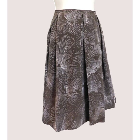 Talbots Skirt Womens 10P Petites Brown Pleated Floral Embroidery Pockets Silk - Picture 2 of 8